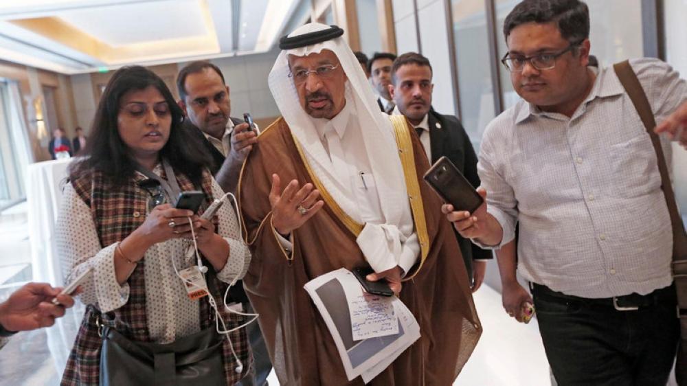 Energy Minister Khalid Al-Falih talks to the media as he leaves after a meeting in New Delhi, Friday. — Reuters