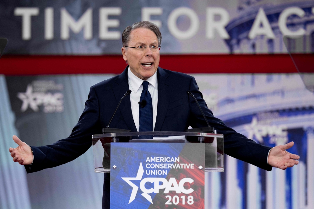 The National Rifle Association’s (NRA) Executive Vice President and CEO Wayne LaPierre speaks during the 2018 Conservative Political Action Conference at National Harbor in Oxen Hill, Maryland, on Thursday. — AFP
