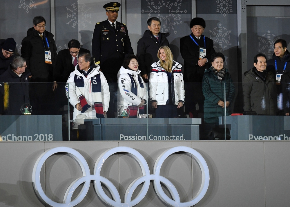 South Korea’s President Moon Jae-in, center left, his wife Kim Jung-sook, center, US President Donald Trump’s daughter and senior White House adviser Ivanka Trump, center right, and North Korean General Kim Yong Chol, back right, attend the closing ceremony of the Pyeongchang 2018 Winter Olympic Games at the Pyeongchang Stadium on Sunday. — AFP