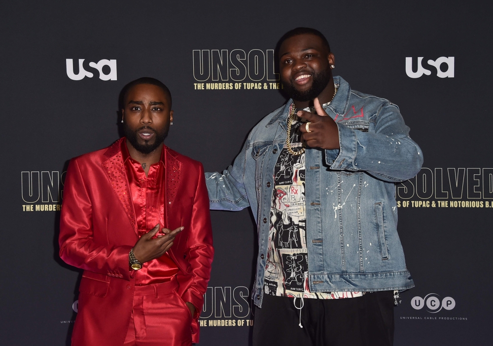 In this file photo taken on February 21, 2018 actors Marcc Rose, left, and Wavyy Jonez attend the premiere of USA Network's 