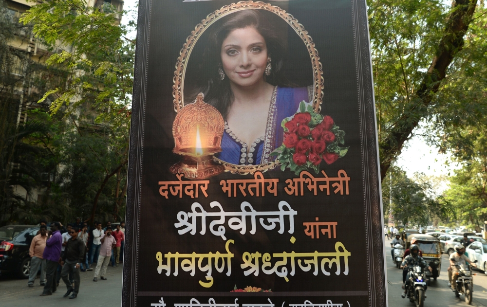 A memorial erected by fans of Bollywood actress Sridevi Kapoor is seen outside her residence in Mumbai on Monday. - AFP