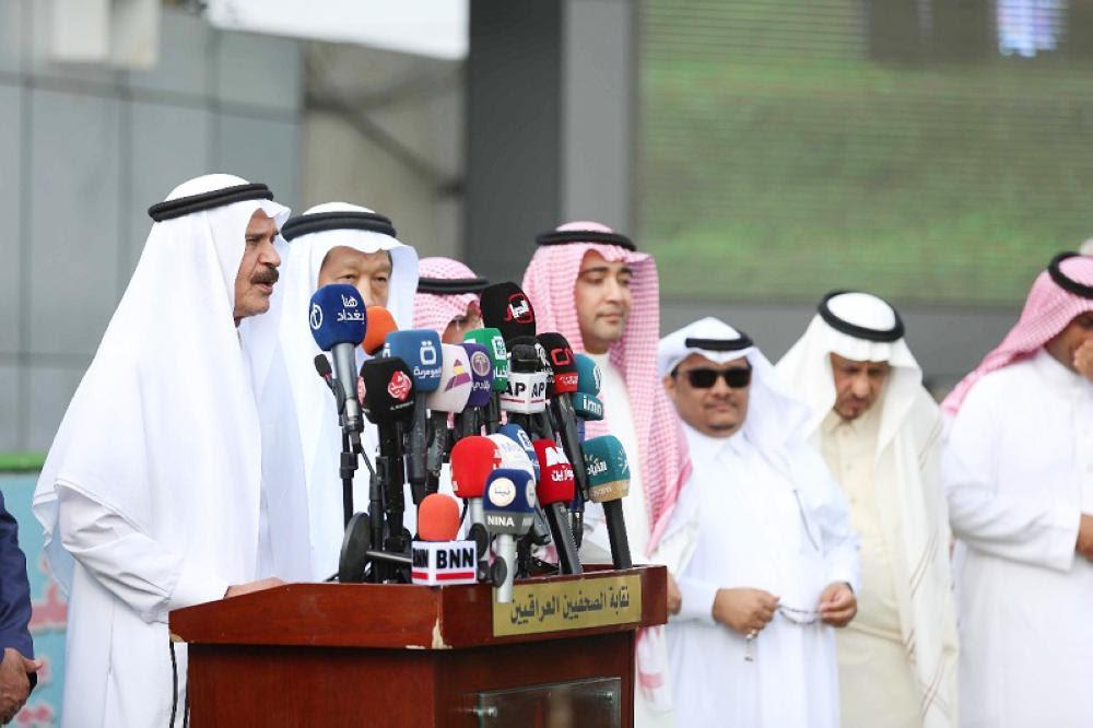 Khaled Al-Malik, president of the Saudi Journalists’ Association, speaks in Baghdad. — Okaz photo