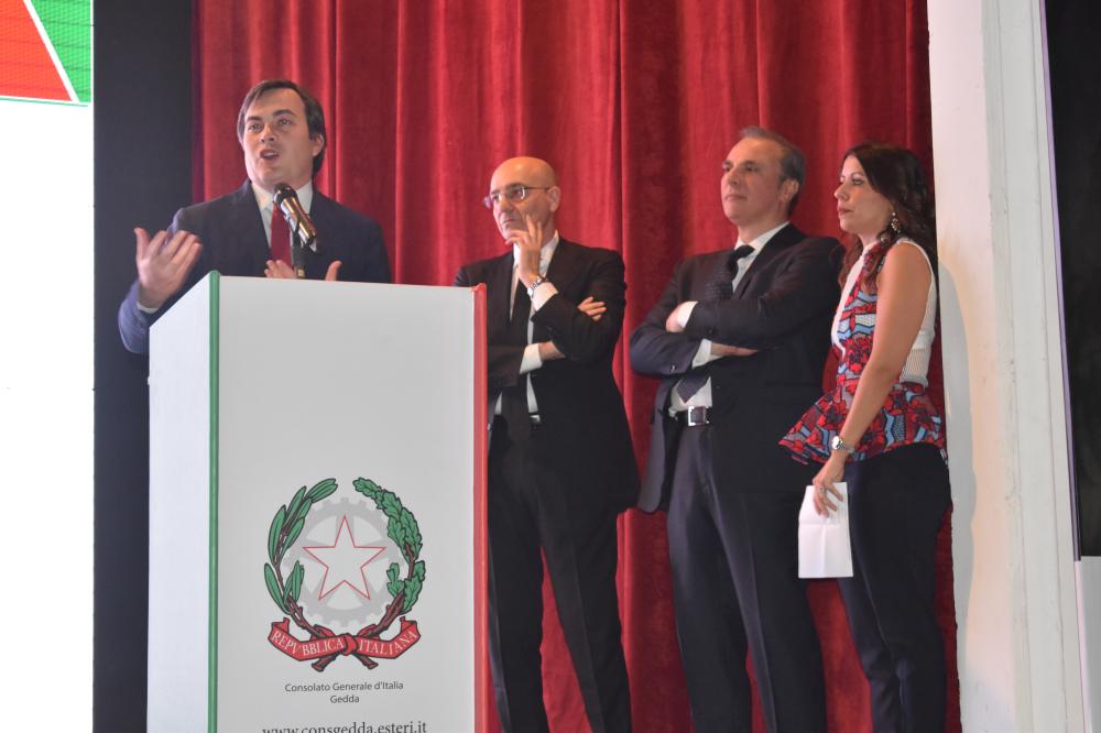 Undersecretary for Foreign Affairs Vincenzo Amendola, standing alongside the other members of the Italian diplomatic delegation, speaks during the event.