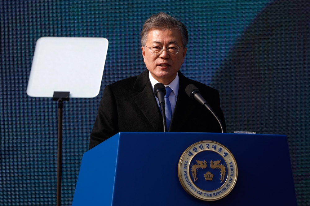 South Korean President Moon Jae-in delivers a speech during a ceremony celebrating the 99th anniversary of the March First Independence Movement against Japanese colonial rule at Seodaemun Prison History Hall in Seoul in this March 1, 2018 file photo. — AFP