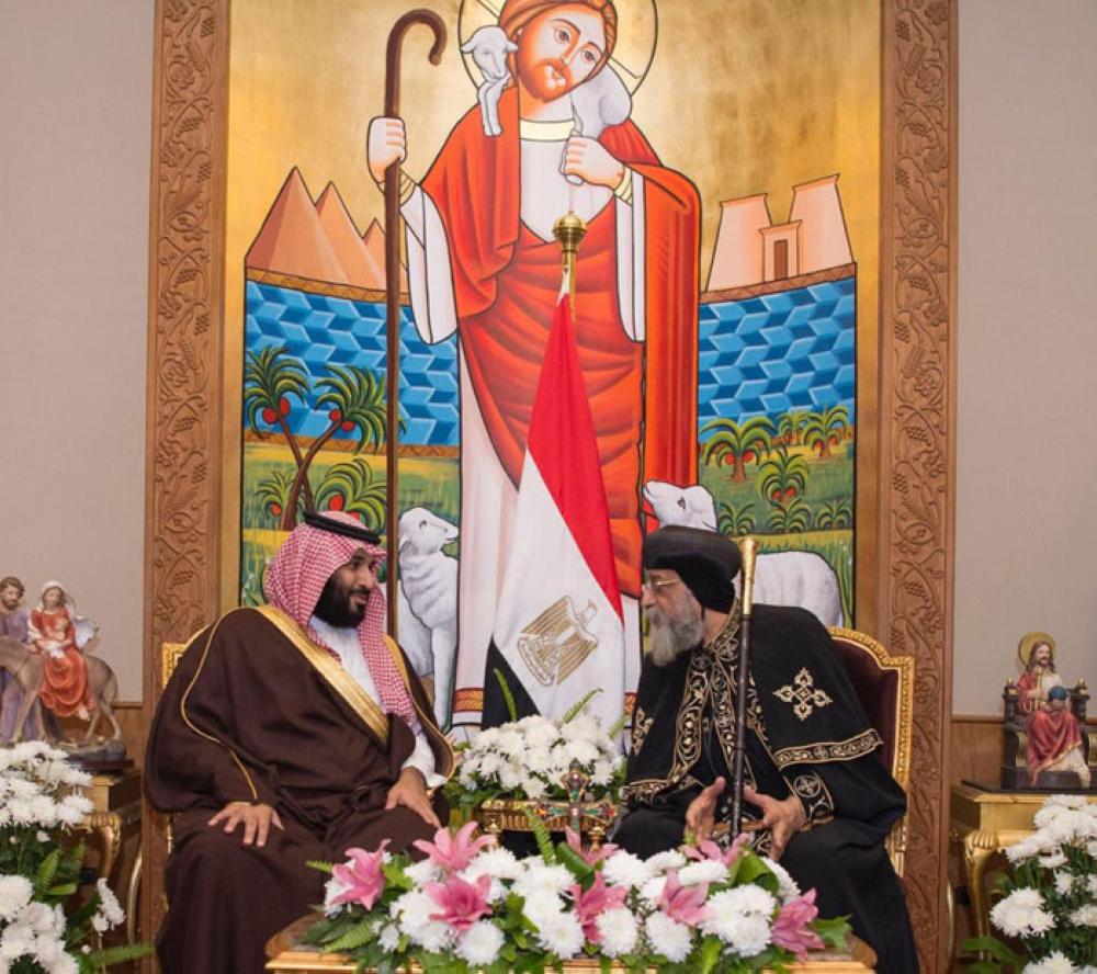 Crown Prince Muhammad Bin Salman, deputy premier and minister of defense, holds talks with Ahmed el-Tayeb, the grand imam of Al-Azhar, in Cairo on Monday. -- SPA