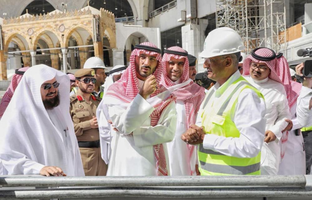 Prince Abdullah Bin Bandar, acting emir of Makkah, inspects the ongoing renovation work of the Zamzam well in Makkah on Monday. -- SPA
