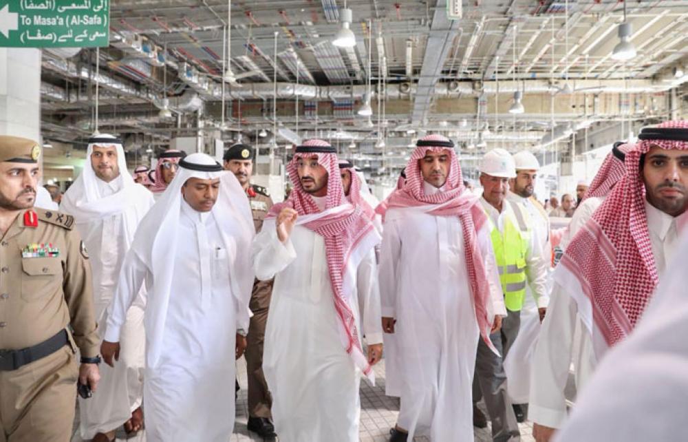 Prince Abdullah Bin Bandar, acting emir of Makkah, inspects the ongoing renovation work of the Zamzam well in Makkah on Monday. -- SPA