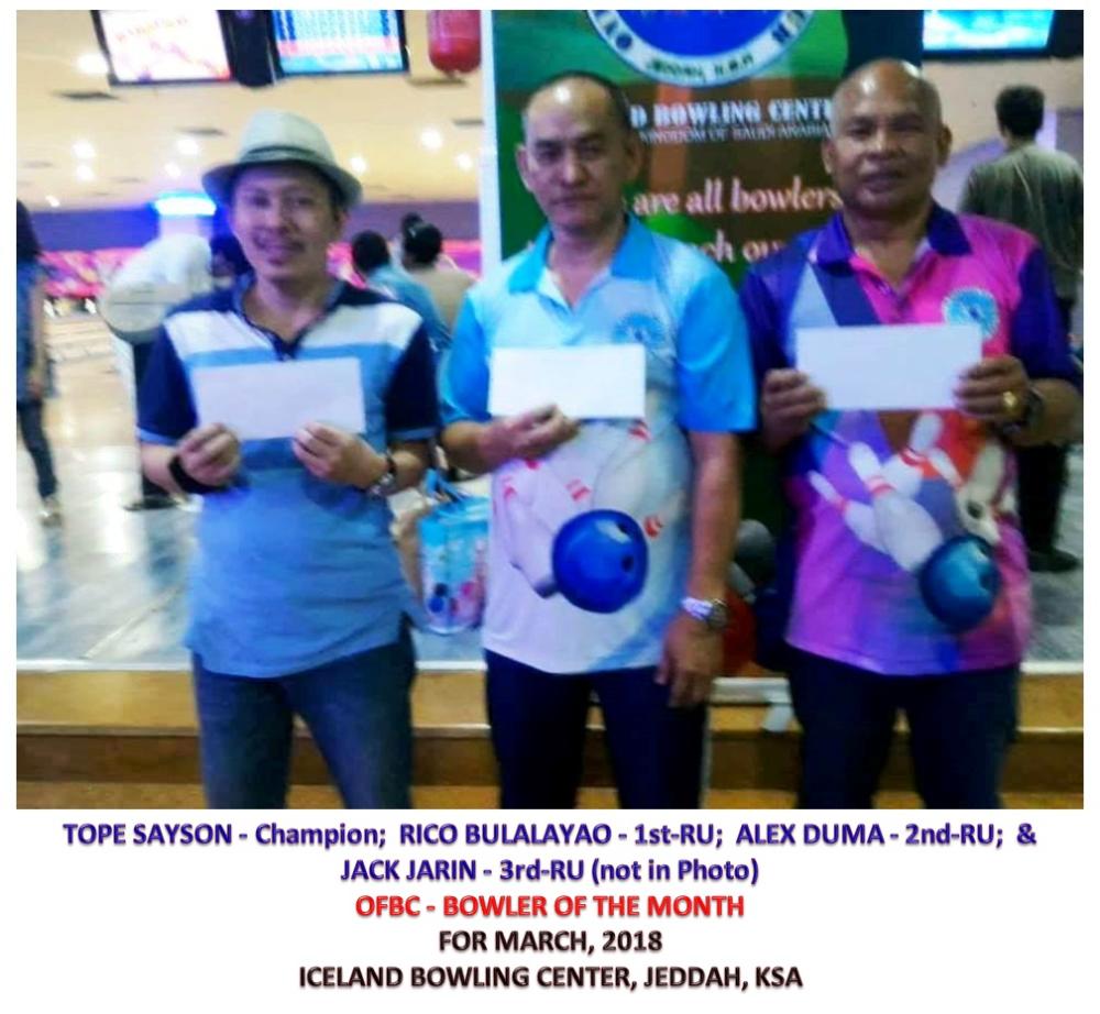 Bowler of the Month men’s champion for March Tope Sayson (L) with first runner-up Rico Bulalayao and second runner-up Alex Duma.