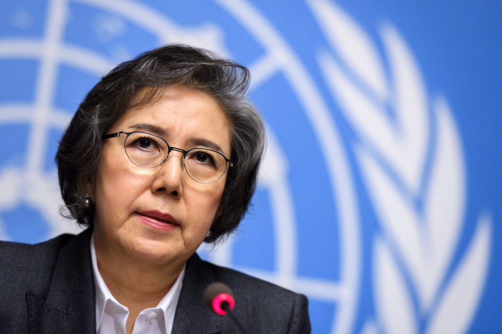 United Nations (UN) Special Rapporteur to Myanmar Yanghee Lee attends a press conference after addressing her report before the Human Rights Council in Geneva on Monday. — AFP