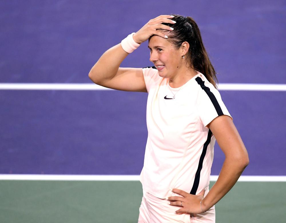 Daria Kasatkina of Russia reacts to her quarterfinal victory over Venus Williams of the US at the BNP Paribas Open in Indian Wells Friday. — AFP 