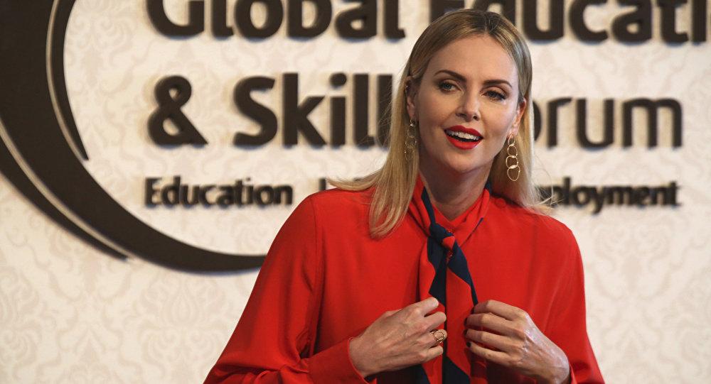 Actress Charlize Theron speaks at the Global Education and Skills Forum in Dubai on Saturday. - AP