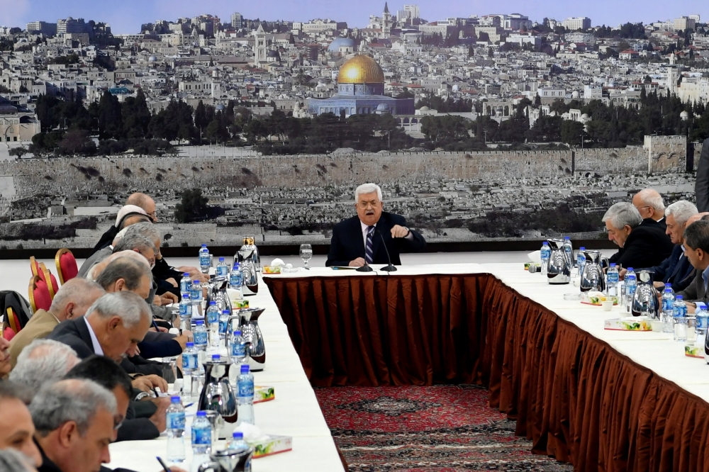 Palestinian President Mahmoud Abbas gestures as he speaks during a meeting with the Palestinian leadership in Ramallah in the occupied West Bank. — Reuters