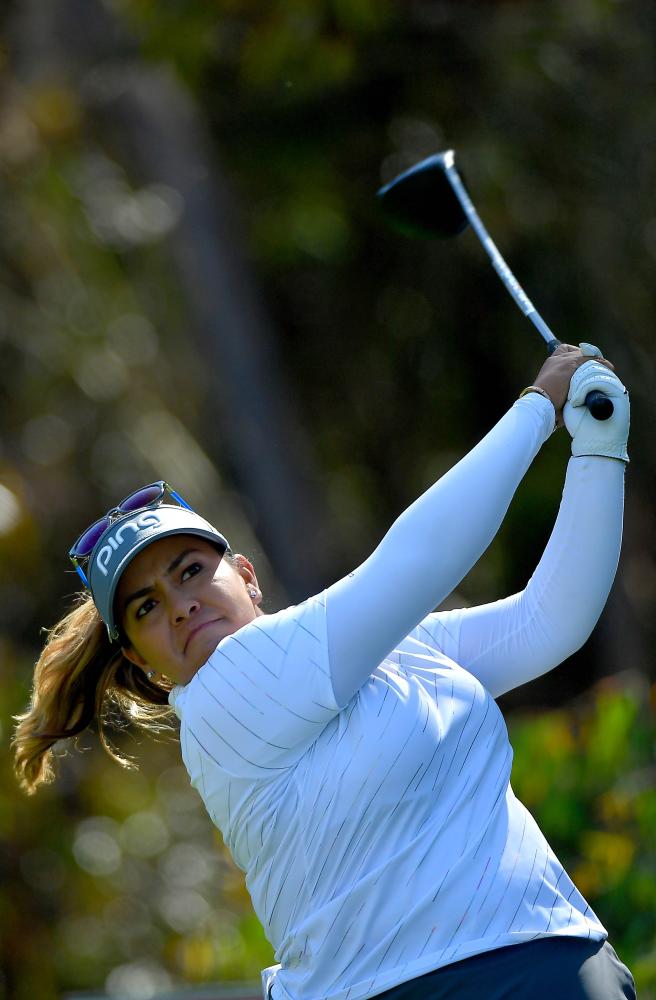 Lizette Salas tees off the 5th hole during third round of the LPGA KIA Classic at the Park Hyatt Aviara Golf Course in Carlsbad, California, Saturday. — AFP 