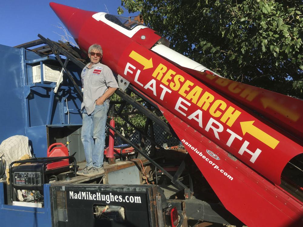 “Mad” Mike Hughes poses with his homemade rocket in this undated file photo.