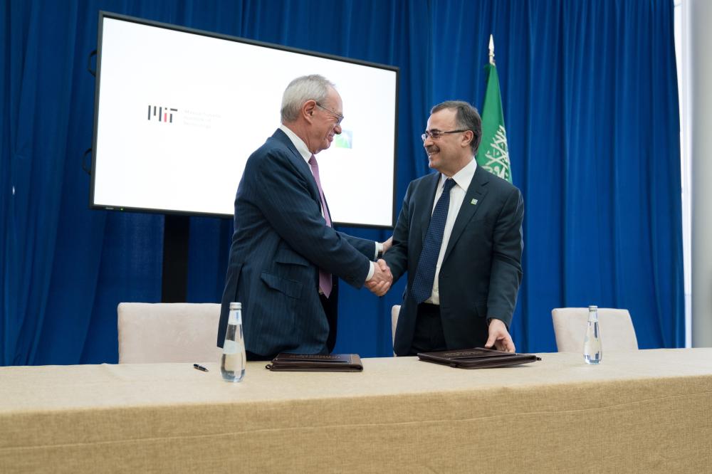 Saudi Aramco President and CEO, Amin H. Nasser together with MIT President L. Rafael Reif at the signing of the new 5-year $25 million collaboration targeting new research and development in Boston. — Courtesy photo
