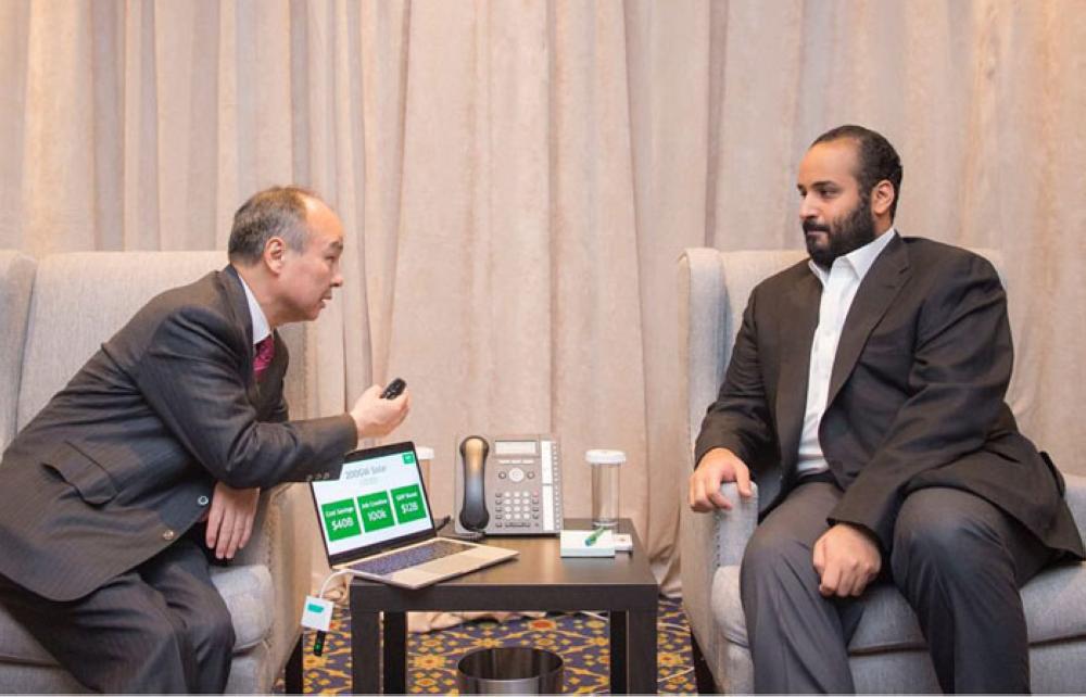 Crown Prince Muhammad Bin Salman, deputy premier and minister of defense, holds talks with SoftBank CEO Masayoshi Son in New York on Monday. - SPA

