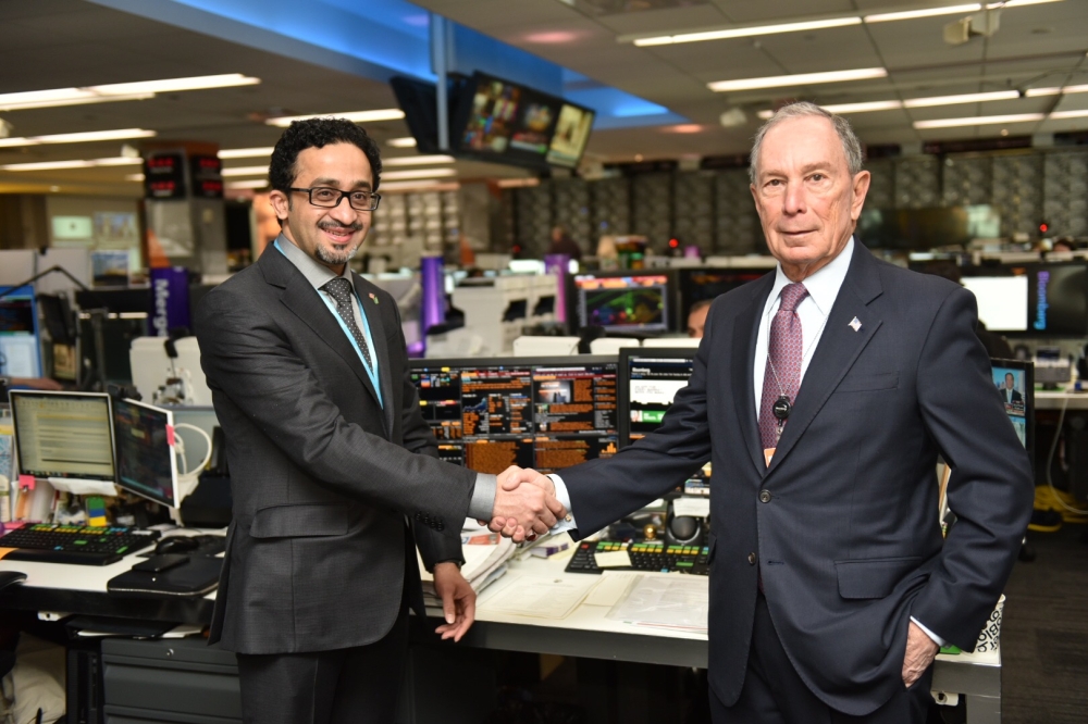 Bader Al Asaker, chairman of the board of Misk Initiatives Center and Michael R. Bloomberg, founder of Bloomberg LP And Bloomberg Philanthropies meet at Bloomberg LP headquarters in New York on Tuesday. — Courtesy photo