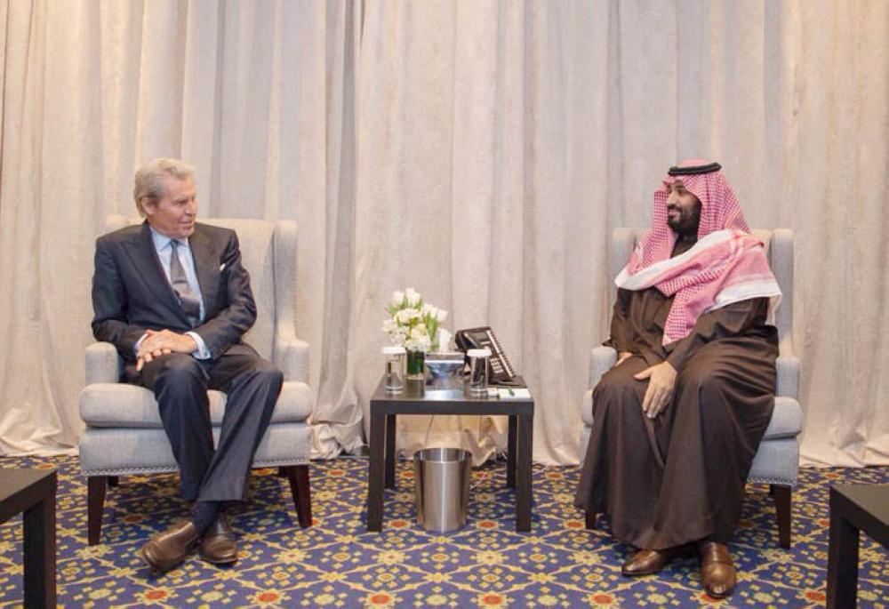 Crown Prince Muhammad Bin Salman, deputy premier and minister of defense, meets FTSE Russel’s CEO Mark Makepeace in New York on Wednesday. — SPA