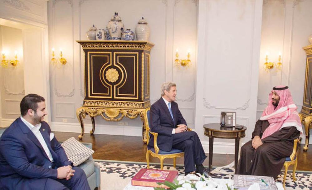 Crown Prince Muhammad Bin Salman, deputy premier and minister of defense, meets FTSE Russel’s CEO Mark Makepeace in New York on Wednesday. — SPA