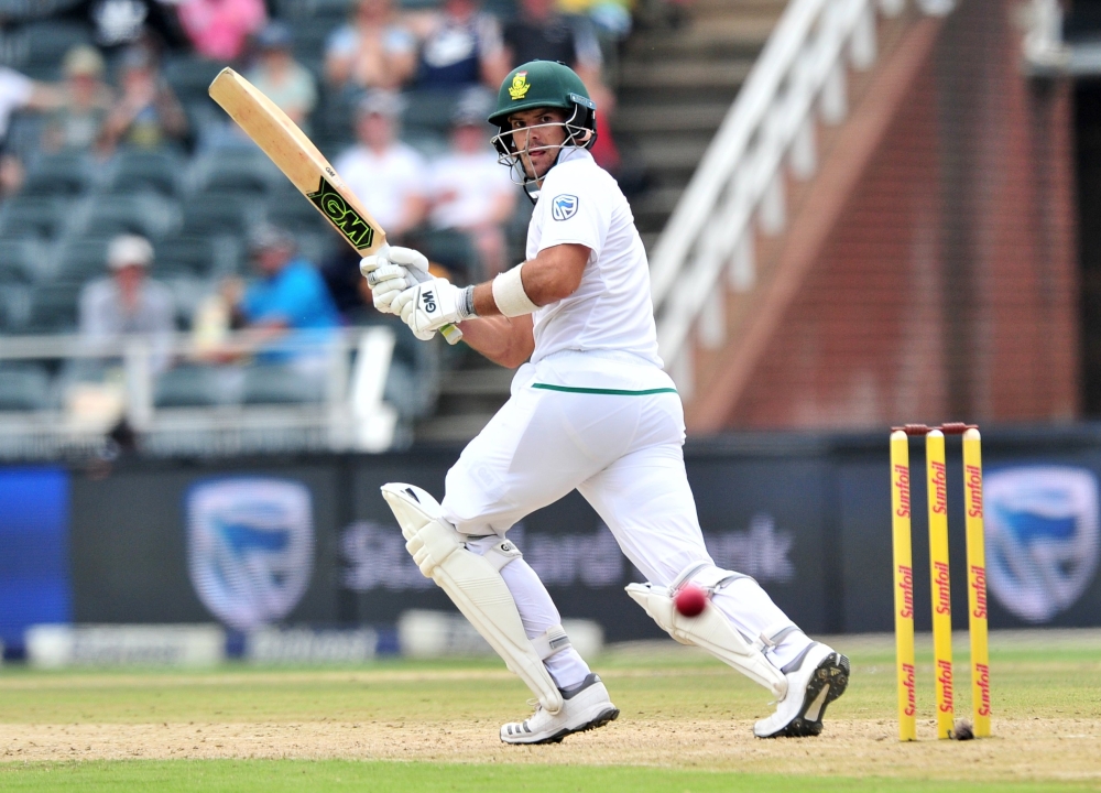 Aiden Markram of South Africa plays defensive shot, while batting during the Fourth Test match between South Africa and Australia at the New Wanderers Stadium in Johannesburg, South Africa, on Friday. — AFP