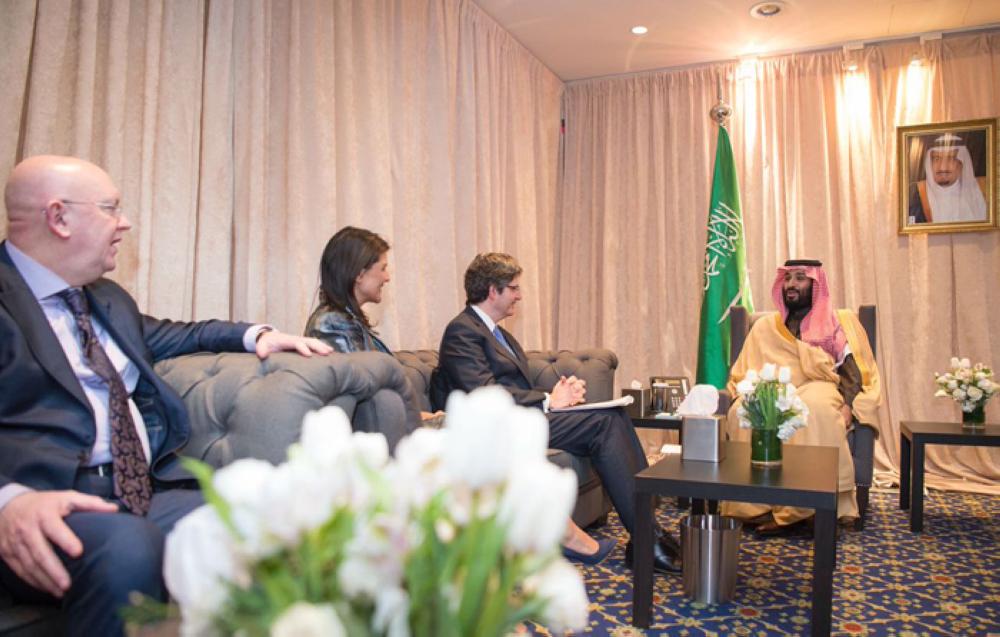 Crown Prince Muhammad Bin Salman, deputy premier and minister of defense, met in New York on Friday with the five permanent members of the Security Council, including French representative Francois Delattre; US representative Nikki Haley; Russian representative Vasily Nebenzya; Chinese representative Ma Zhaoxu and British deputy permanent representative Jonathan Allen. — SPA photos
