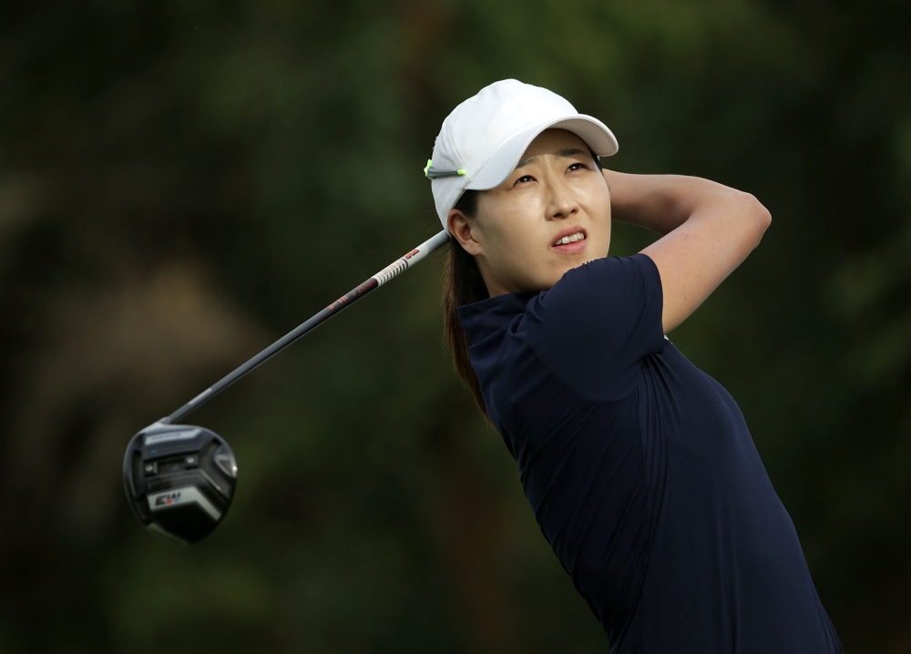 Jennifer Song plays her tee shot on the 16th hole during the final round of the ANA Inspiration at Mission Hills Country Club on Sunday in Rancho Mirage, California. — AFP