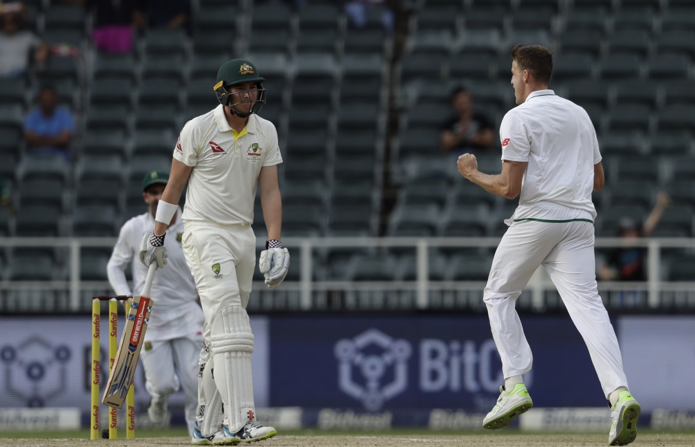 Australia's batsman Matt Renshaw, left, is being dismissed LBW by South Africa's bowler Morne Morkel for 20 runs on day four of the fourth cricket Test match between South Africa and Australia at the Wanderers stadium in Johannesburg, South Africa, Monday. — AP