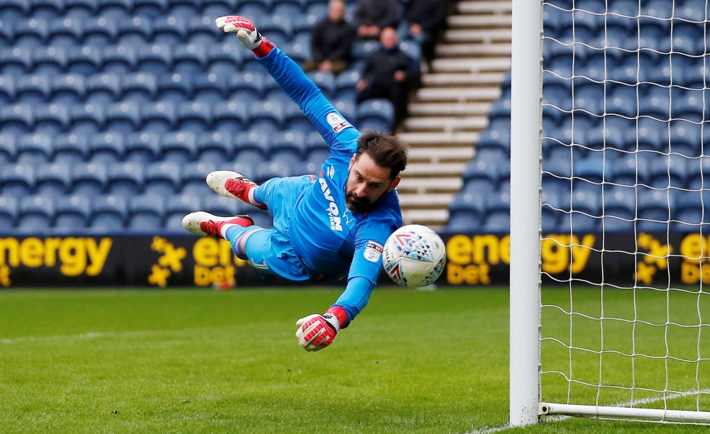Derby County's Scott Carson in action against Preston North End in the Championship game on Monday in Deepdale, Preston, Britain. — Reuters