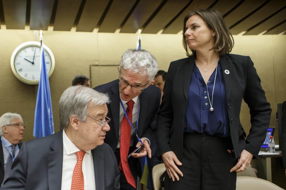 UN Secretary-General Antonio Guterres, left, speaks with Mark Lowcock, center, UN Secretary-General for Humanitarian Affairs, next to Swedish Minister for International Development Cooperation and the climate and Deputy Prime Minister Isabella Loevin, right, prior to the High-Level Pledging Event for the Humanitarian Crisis in Yemen, at the European headquarters of the United Nations in Geneva, Switzerland, Tuesday. — AP