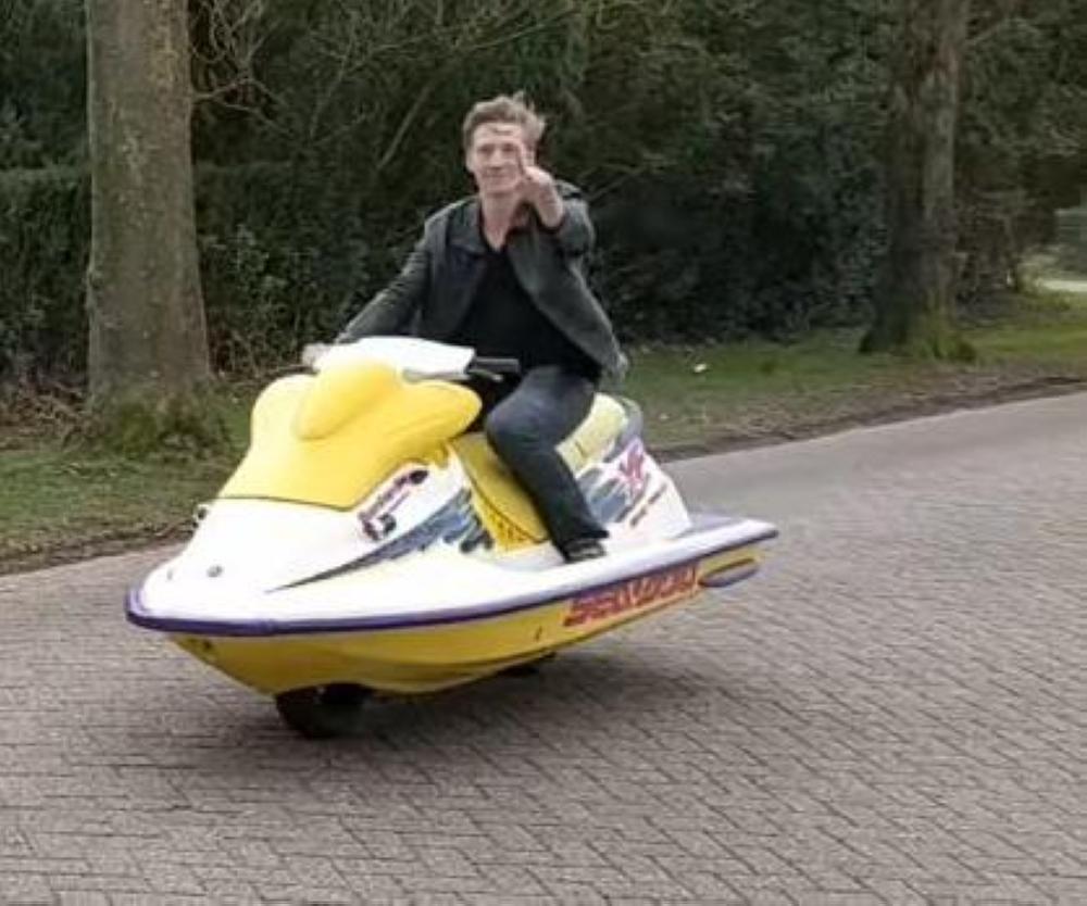 A man in seen on his custom vehicle - a jet ski modified for use on land - in Vroomshoop, the Netherlands.