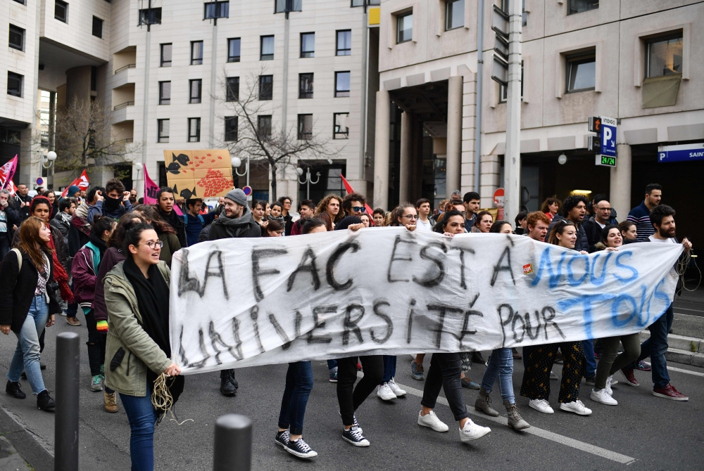 Students protest against the French president’s plans to make university entry more selective, joining a slew of nationwide sit-ins that have disrupted classes for weeks in the southern coastal city of Marseille, France, on Wednesday. — AFP