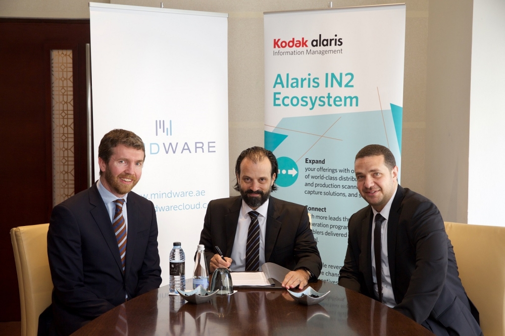 From left:  Gerry Kelliher, Sales Director EMEA at Kodak Alaris; Nicholas Argyrides, Chief of Sales and Marketing & Deputy GM at Mindware; and Naji Kazak, Regional General Manager for Kodak Alaris IM 

