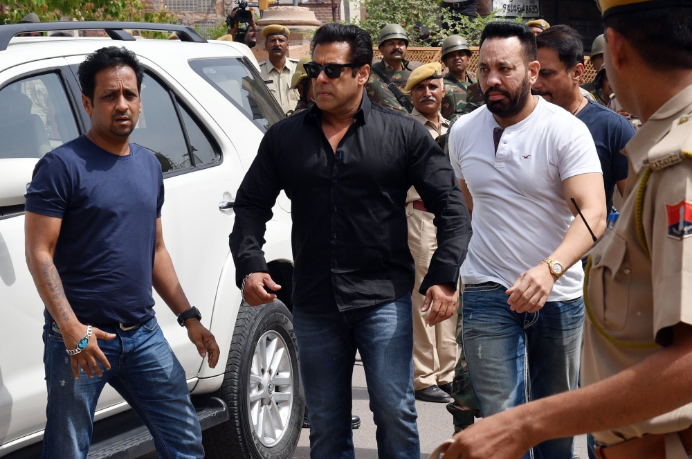 Bollywood actor Salman Khan is seen outside Jodhpur court in Rajasthan, India on Thursday shortly before he was sentenced to five years in jail after being found guilty of poaching rare antelopes. - EPA