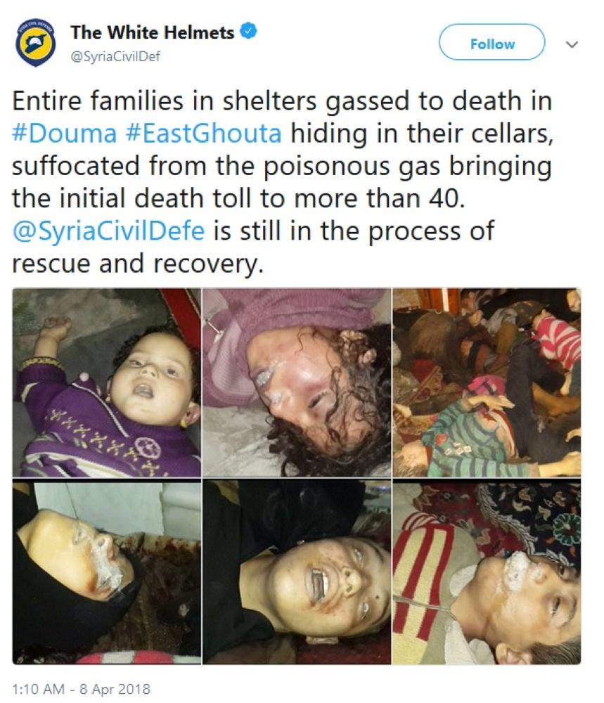 A Twitter post by White Helmets, Syria’s volunteers involved in rescue and evacuation of civilains.
