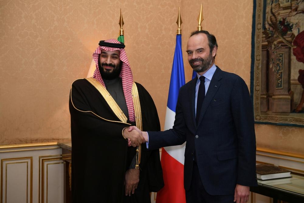 French Prime Minister Edouard Philippe (2ndR), flanked by French Minister of Europe and Foreign Affairs Jean-Yves Le Drian, attends a meeting with Crown Prince Muhammad Bin Salman, deputy premier and minister of defense, and his accompanying delegation in Paris on Monday. — Reuters