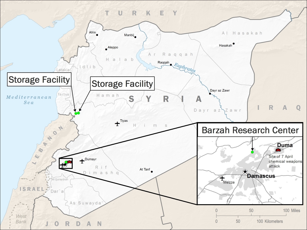 A handout image made available by the US Department of Defense (DoD) showing a Syria unclassified map indicating areas that were targeted by US, French and British forces early on Saturday. — AFP