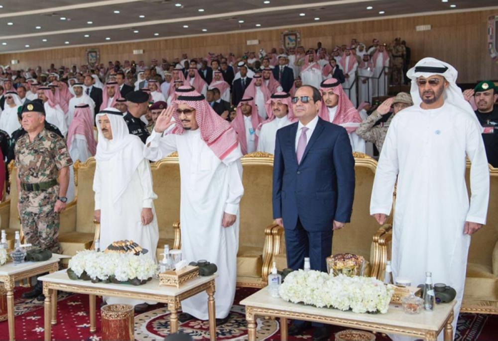 Custodian of the Two Holy Mosques King Salman along with leaders and representatives of 25 countries witnesses the conclusion of the Joint Gulf Shield 1 military drills in Jubail on Monday. — SPA