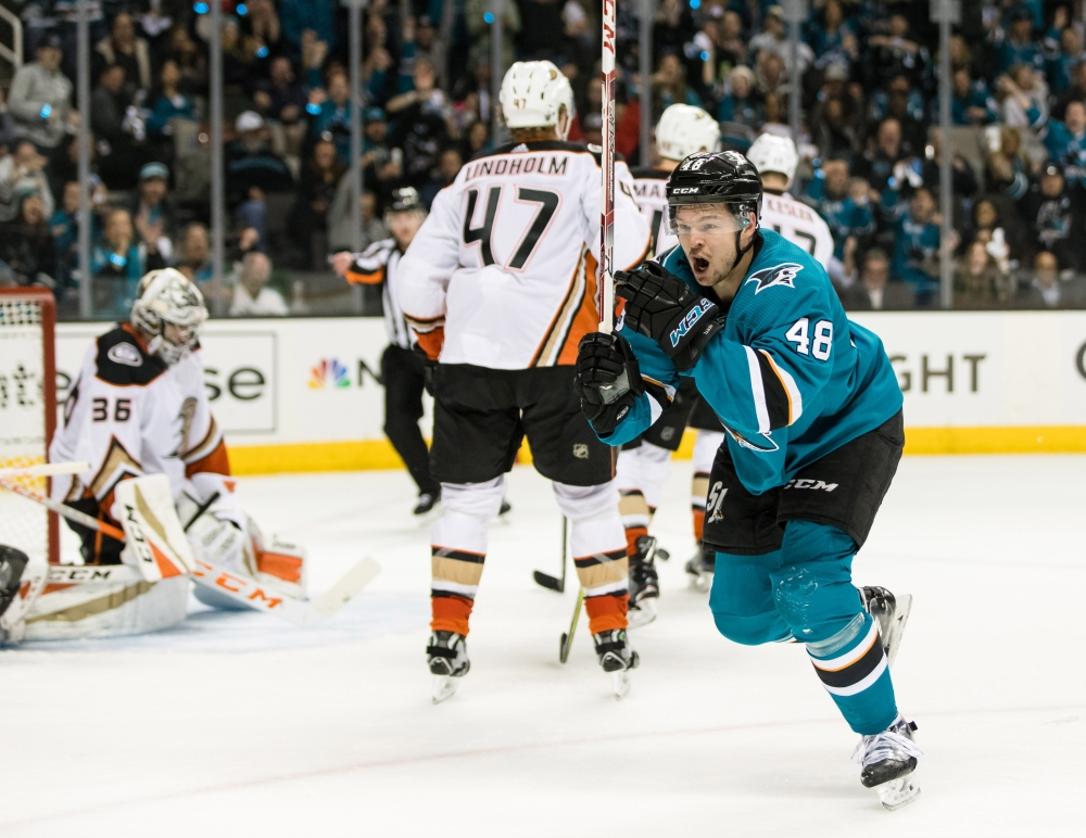 San Jose Sharks center Tomas Hertl (48) reacts after scoring a goal against the Anaheim Ducks in the second period of game three of the first round of the 2018 Stanley Cup Playoffs at SAP Center at San Jose. — Reuters