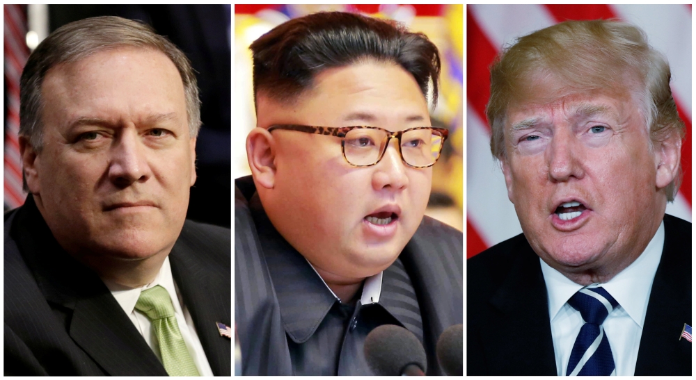 A combination photo shows CIA Director Mike Pompeo, left, North Korean leader Kim Jong Un, center, and US President Donald Trump. — Reuters