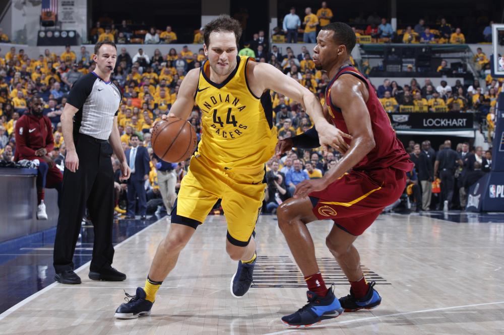 Bojan Bogdanovic of the Indiana Pacers drives against Rodney Hood of the Cleveland Cavaliers in Game 3 of the NBA playoffs at Bankers Life Fieldhouse in Indianapolis Friday. — AFP