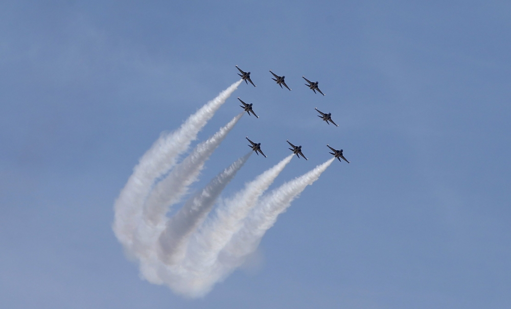 South Korea’s Black Eagles aerobatic flight team performs during an event under the theme ‘Shouting of Peace’ over the city of Seoul, South Korea, on Saturday. — EPA