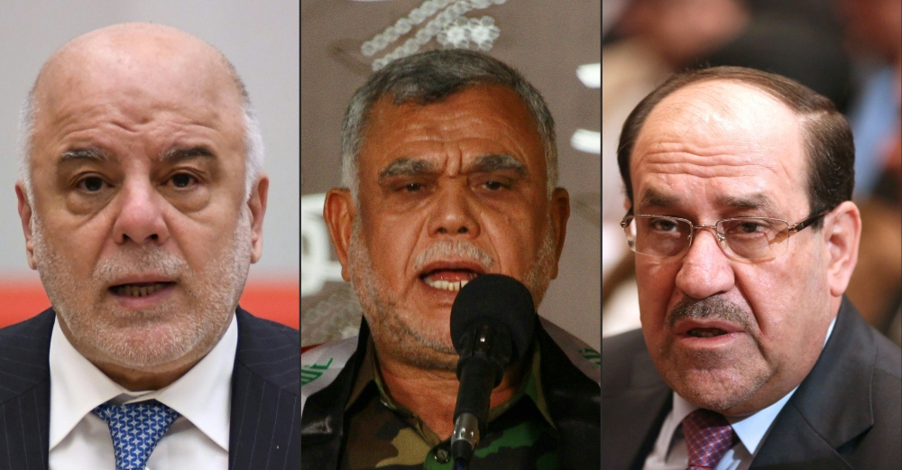 (COMBO) This combination of pictures shows Iraq's Prime Minister Haider Al-Abadi (L), Hadi Al-Ameri (C), who is in charge of the Shiite Muslim Badr Brigades, and Iraq's Vice President Nouri Al-Maliki. — AFP