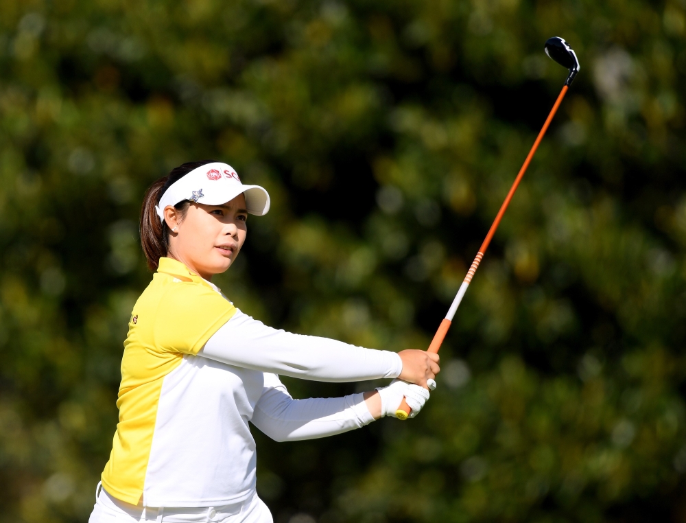 Moriya Jutanugarn of Thailand hits a tee shot on the 14th hole on her way to her first LPGA career win in the Hugel-JTBC LA Open at the Wilshire Country Club on Sunday in Los Angeles, California. — AFP