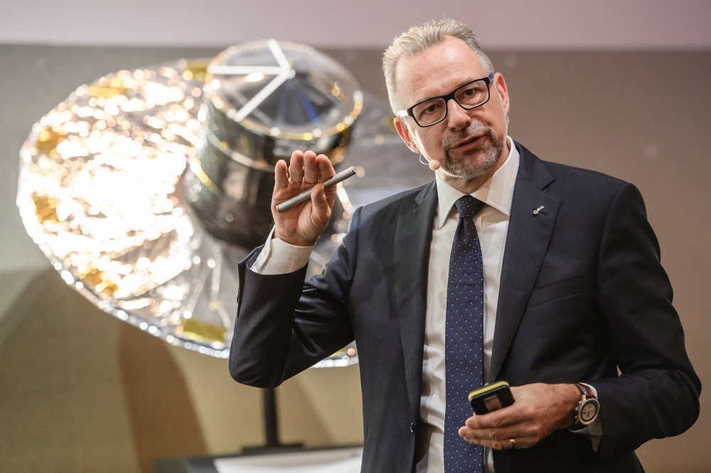 The director of Earth Observation at European Space Agency (ESA) Josef Aschbacher speaks during a press conference in front of the Gaia satellite at the ILA Berlin Air Show 2018 in Selchow, Germany, on Wednesday. — EPA