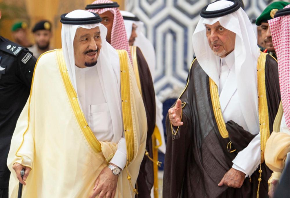 Custodian of the Two Holy Mosques King Salman being received by Makkah Emir Prince Khaled Al-Faisal at King Abdul Aziz International Airport in Jeddah on Sunday. — SPA