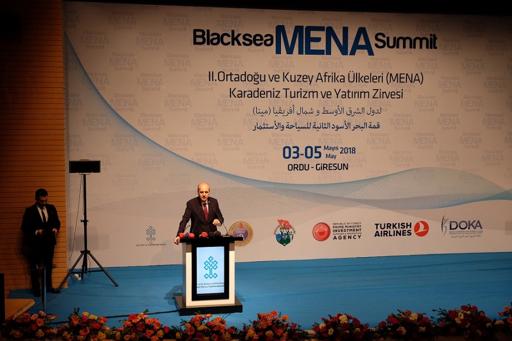 Prof. Dr. Numan Kurtulmus, Turkey Minister of Culture & Tourism, addresses the attendees during the second edition of the Black Sea MENA Tourism and Investment Summit in Ordu, Turkey 
