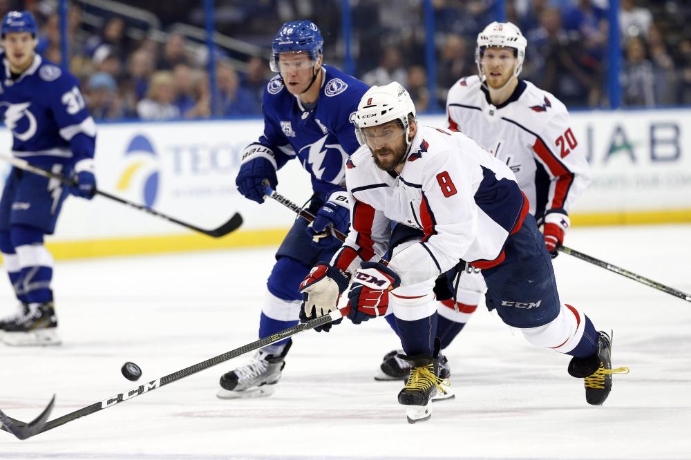 Washington Capitals’ left wing Alex Ovechkin skates after the puck during Game 1 of the NHL Eastern Conference finals against Tampa Bay Lightning at Amalie Arena in Tampa Friday. — Reuters