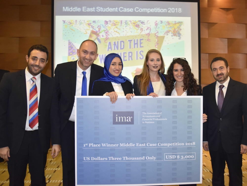 The student team from American University of Science and Technology won first place at the IMA Middle East Student Case Competition 2018. With them are the team’s mentor, Dr. Robert Gharios, CMA, FRM, PCM; and Dr. Antoine B. Awad, CMA, from the faculty of Business and Economics at American University of Science and Technology in Lebanon.