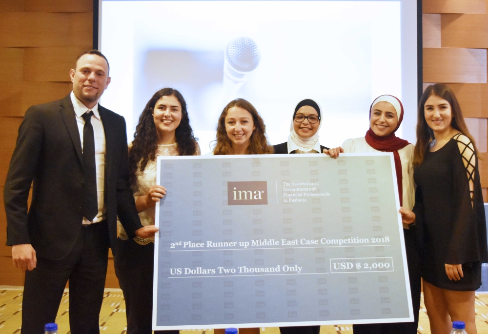 The student team from American University of Science and Technology won first place at the IMA Middle East Student Case Competition 2018. With them are the team’s mentor, Dr. Robert Gharios, CMA, FRM, PCM; and Dr. Antoine B. Awad, CMA, from the faculty of Business and Economics at American University of Science and Technology in Lebanon.