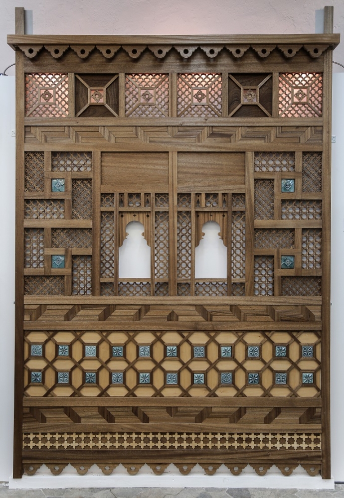 The central works in the exhibition are a full-size mihrab (prayer niche) and roshan (traditional wooden window-frame) that draw on the rich heritage of the Old Town (Al-Balad) of Jeddah. — Courtesy photos